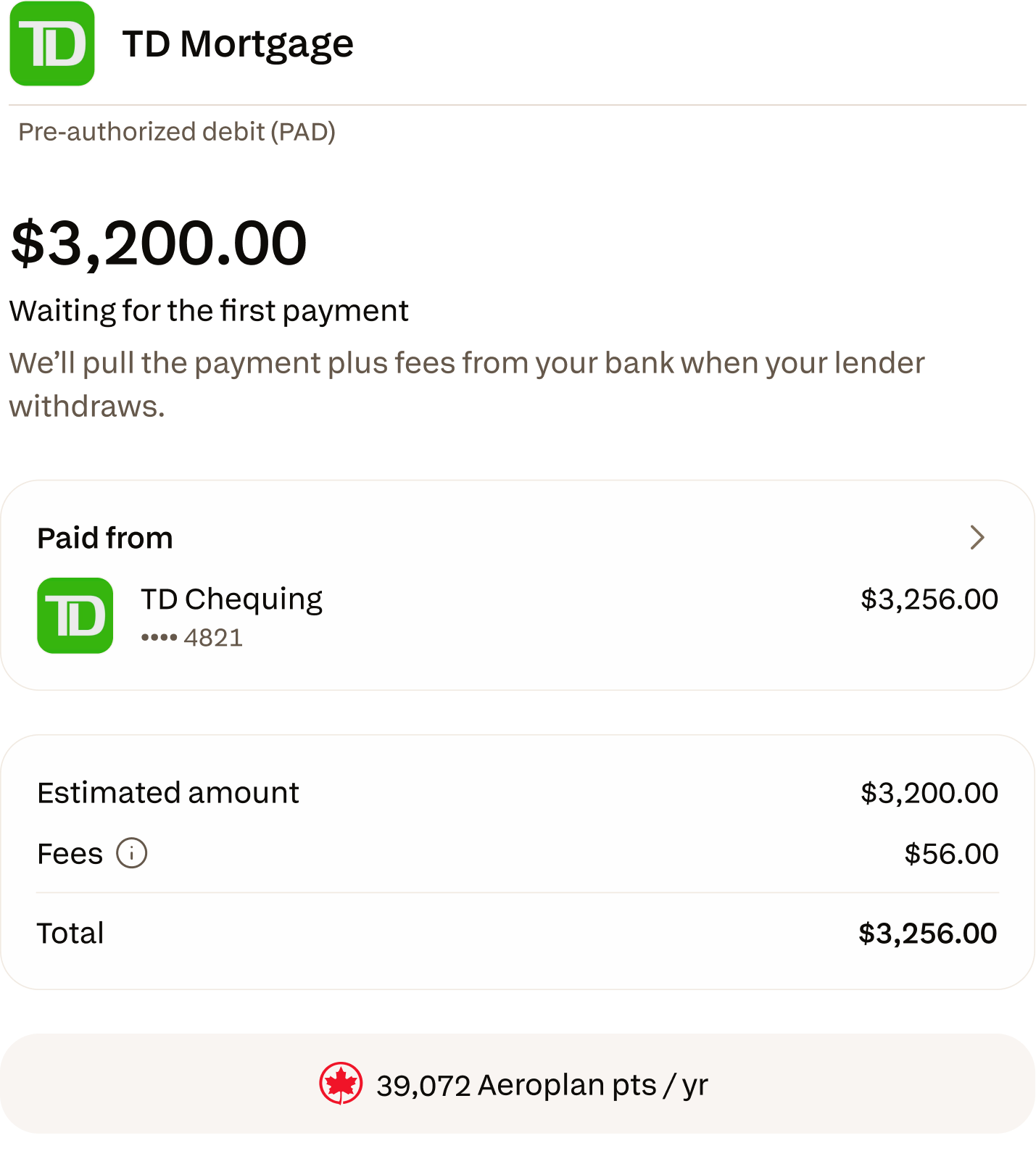 Hypothèque TD sur Chexy : 3,200 $ en attente du premier paiement, payé depuis le compte-chèques TD, montant estimé, frais et total, 39,072 pts Aeroplan par année
